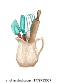 Baking Watercolor Illustration With Kitchen Utensils In A Clay Jag,  Rolling Pin, Whisk, Spoon On White Background. Hand-drawn Cooking Clip Art.  Baking Concept. 