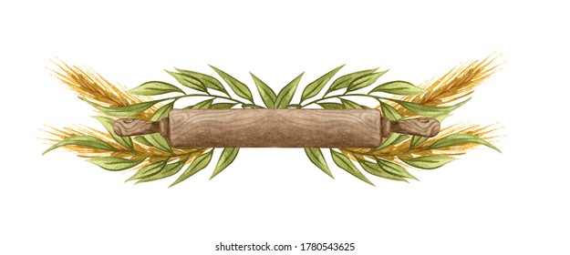 Baking watercolor illustration with rolling pin in floral arrangement on white background. Baking logo. 