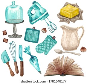 Baking watercolor set with kitchen utensils, jug, butter,  whisk, mixer, potholders, recipes book, cake stand on white background. Hand drawn Cooking clip art.  Baking concept.  - Powered by Shutterstock