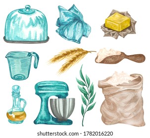 Baking Watercolor Set With Kitchen Utensils, Wheat, Butter,  Vanilla Extract, Mixer, Flour Bag, Kitchen Towel, Cake Stand On White Background. Hand Drawn Cooking Clip Art.  Baking Concept. 