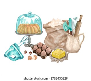 Baking watercolor set with kitchen utensils, mixer, butter,  rolling pin, flour, eggs, cake stand, whisk on white background.  Cooking clip art.  Baking illustration. 