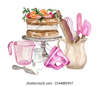 Baking Watercolor Set With Kitchen Utensils, Mixer, Cake, Chocolate, Potholders, Spoon, Clay Jag, Whisk On White Background. Cooking Clipart. Baking