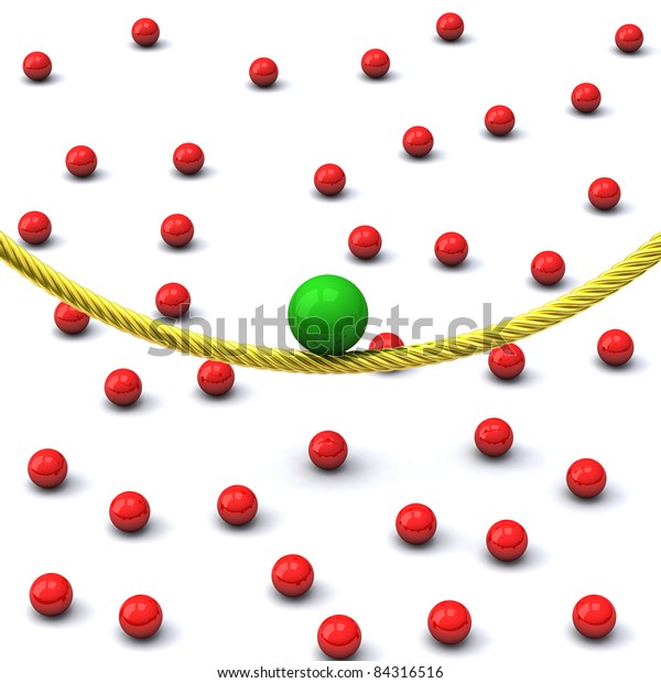Balance concept - green sphere on gold rope and many\
red spheres on ground\
3d