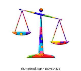 Balance scale justice law symbol Jigsaw Autism Puzzle Icon Logo, 3d illustration