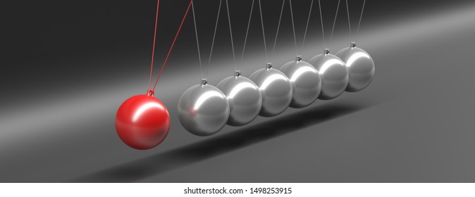 Balance, teamwork concept. Newtons cradle balancing balls one red swinging against gray black background, banner. 3d illustration