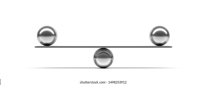 Balance, Teamwork Concept. Silver Balls Balanced On A Scale Beam Isolated Against White Background, Banner. 3d Illustration