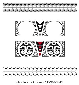 Balanced drawing as a tattoo template from New Zealand in the pacific Maori style. The weave pattern of the border is the fishing net. It stands for honor, strength, wealth, tradition's consciousness