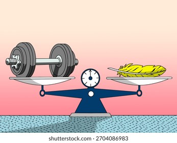 A balanced scale features a dumbbell and a feather, symbolizing the value of equality, justice, and no partiality.