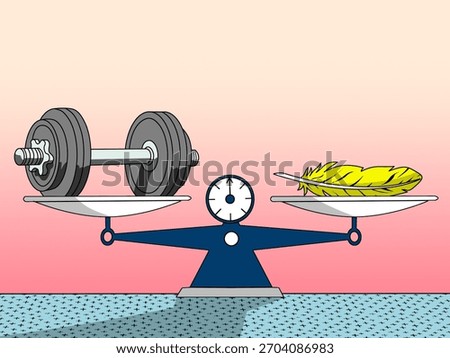 A balanced scale features a dumbbell and a feather, symbolizing the value of equality, justice, and no partiality.