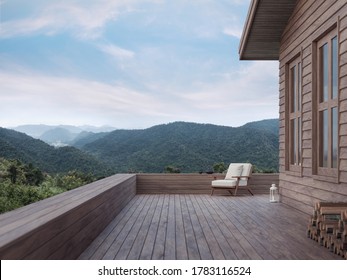 The Balcony Of The Small House On The Mountain In The Evening House Made Of Wood With A White Cloth Chair Overlooking The Panoramic Nature,3d Render