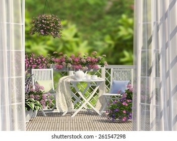 Balcony, White Furniture And Flowers