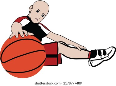 Bald Child Alone With Basketball Isolated Over White Background.