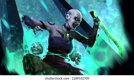 Bald Dangerous Woman Assassin Attacks With A Dagger In A Jump. 2d Illustration