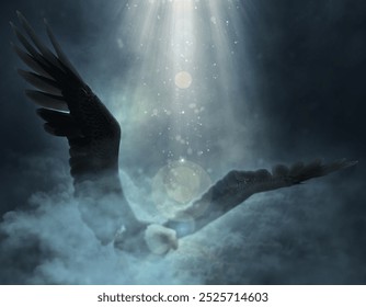  Bald eagle flying over the clouds isolated on white, 3d illustration.