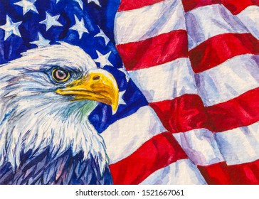 Bald eagle on the background of the American flag