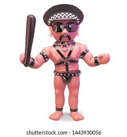 Bald Man In Gay Fetish Outfit Wearing Policemans Hat, 3d Illustration Render