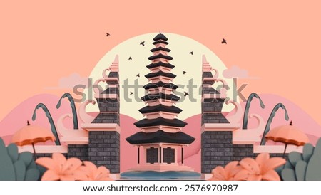 Bali Gate And Temple 3D Render Background, suitable for Nyepi day. Nyepi, a public holiday in Indonesia, is a day of silence, fasting and meditation for the Balinese.