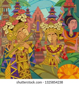 Balinese Dancers And Flute Players In Front Of The Temple