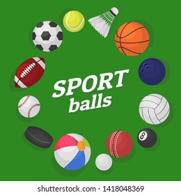 Ball games. Sports equipment collection balls soccer hockey baseball basketball billiard colorful banner cartoon, illustration