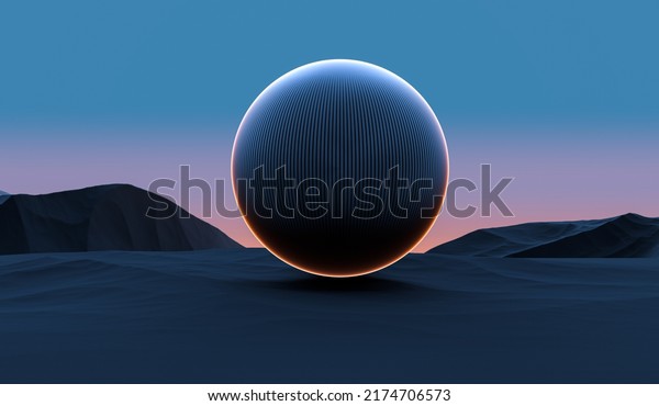 The ball with a
neon orange rim against the backdrop of mountains and a sunset on
the horizon. An abstract futuristic ball divided into strips with
neon illumination. 3D
render.