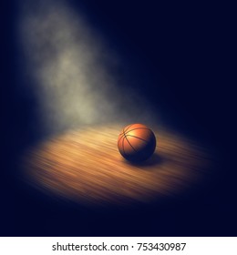 Ball On Dark Basketball Court Lit By Spotlight , 3d Illustration