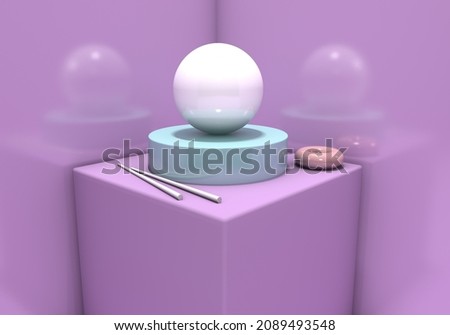 The ball was placed on a table with a pair of chopsticks. 3d reder illustration