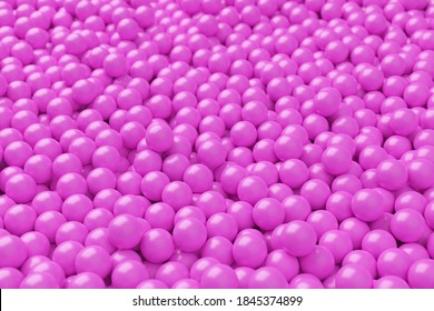 Ball Pool Or Pit Filled With Pink Plastic Balls, Abstract Texture Background, Selective Focus, 3D Illustration