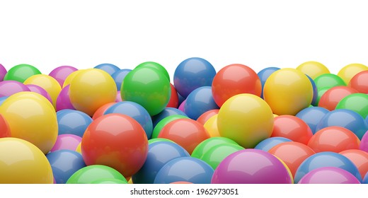 Ball pool or pit filled with red, green, yellow, pink and blue plastic balls, abstract texture border background, 3D illustration