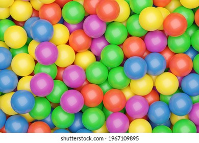 Ball Pool Or Pit Filled With Red, Green, Yellow, Pink And Blue Plastic Balls, Abstract Texture Background Top View Flat Lay From Above, 3D Illustration