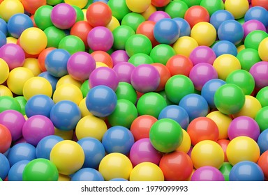 Ball pool or pit filled with red, green, yellow, pink and blue plastic balls, abstract texture background, 3D illustration