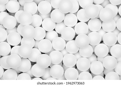 Ball Pool Or Pit Filled With White Plastic Balls, Abstract Texture Background Top View Flat Lay From Above, 3D Illustration