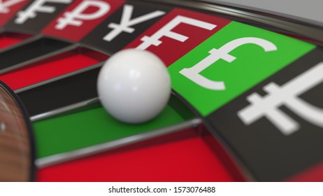 Ball In Pound Sterling Sign Pocket On Casino Roulette Wheel. Conceptual 3D Rendering