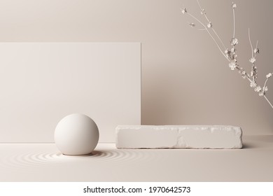 ball ripple product display commercial advertisement minimal zen concept japanese blossom or sakura wall background concrete stone white beige. platform fashion cosmetics or skincare. 3D Illustration.