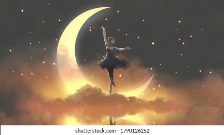 a ballerina dancing with fireflies against the crescent moon, digital art style, illustration painting