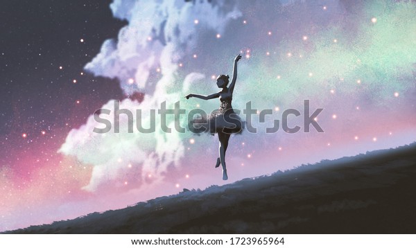 3d ballerina dancing on the hill against the night sky wallpaper illustration
