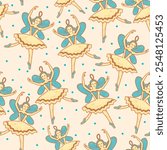 Ballerina doll dancer. Christmas New Year seamless pattern illustration with Christmas tree decorations for seasonal gift wrapping paper