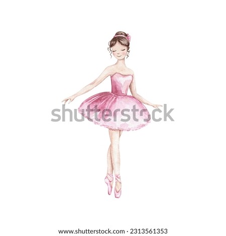Ballerina in pink dress and pointe shoes. Classic cartoon character. The nutcracker, fairy tale. Hand drawn watercolor illustration.  For invitation, card, decoration design