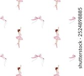 Ballerina watercolor pattern. Hand drawn seamless incredible girl dancer in pink tutu skirt with vintage bows. Clip art on isolated white background of cute ballet beauty. Ideal for baby textiles