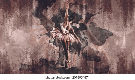 ballerina in a watercolor style on a textural background, on a textural background watercolor stains with elements of shade, art-drawn ballerina in a pastel style, wall murals in the room