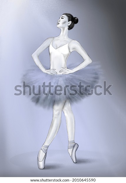 白いレオタードとツチュの背景にバレリーナ 白いチュツのバレエポーズの若いバレエダンサーのストックイラスト を鉛筆で描いた 黒い白鳥にバレエを食べさせる 白い背景に白黒の図 のイラスト素材