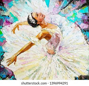 Ballerina, white swan on the stage of the theater, painted on a bright expressive abstract background. Palette knife technique of oil painting. 