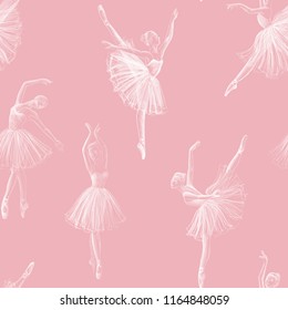 Ballerinas drawing hand-drawn with chalk. Seamless pattern