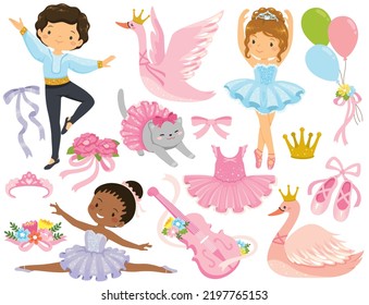 Ballet And Ballerina Clipart Set. Male And Female Ballet Dancers With Related Ballet Items.