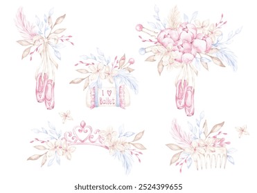 Ballet clip art. Watercolor illustrations hand drawn with watercolor. Little ballerina arrangements for cards, invitations, posters, stickers and prints - Powered by Shutterstock