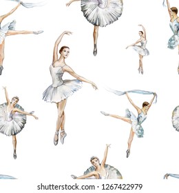 Ballet dancers. Watercolor pattern ballerinas