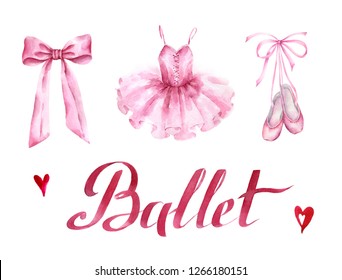 Ballet dress and slippers. Watercolor hand painted illustration isolated on white background.Ballet series.