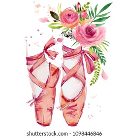 Ballet Shoes With Roses Watercolor Illustration