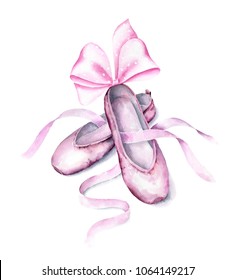 Ballet shoes. Watercolor hand painted illustration isolated on white background.Ballet series.