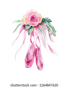 Ballet Slippers With Flowers And Leaves. Watercolor Hand Painted Illustration Isolated On White Background.Ballet Series.