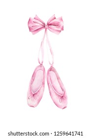 Ballet Slippers With Pink Bow. Watercolor Hand Painted Illustration Isolated On White Background.Ballet Series.